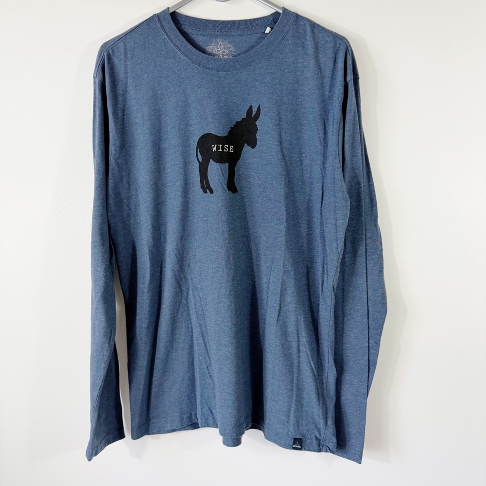 prANa Journeyman Wise Ass Long Sleeve T Shirt Denim Heather Blue Size Large